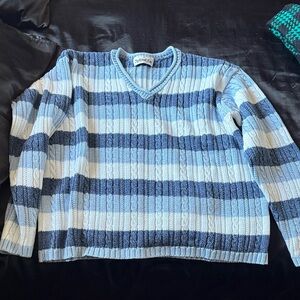 Women's V-Neck Sweater - Blue and White Stripes